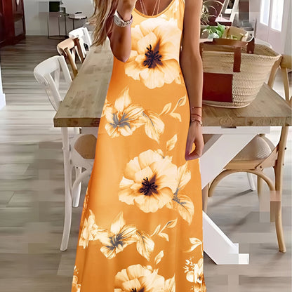 Vestido cami floral com alças finas, casual, comprimento até o tornozelo.