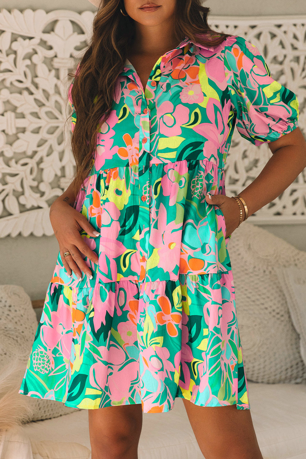 Vestido Babydoll Floral Manga Bufante
