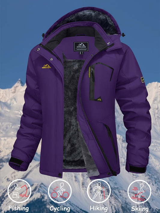 Women's Waterproof & Windproof Ski Jacket - Fleece Lined Thermal Winter Coat with Detachable Hood, Adjustable Cuff, and Zippered Pockets for Skiing, Hiking, and Outdoor Activities, Winter Outdoor Gear | Hooded Warmth Jacket | Waterproof Polyester