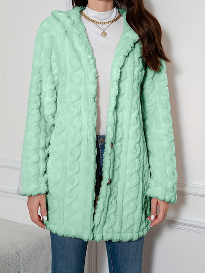 Elegant Knit Fur Coat with Hood & Double Buttons - Spring/Autumn