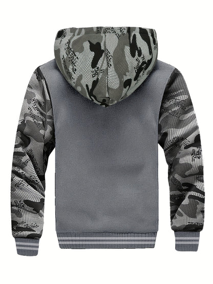 Casaco de lã quente com capuz masculino, casaco casual com blocos de cores para outono e inverno