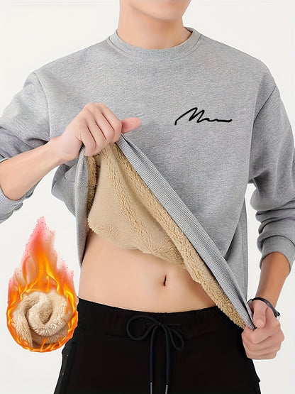 Men's Winter Fleece-Lined Sherpa Sweatshirt, Crew Neck, Casual Knit