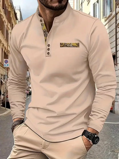 Lässiges Henley-Shirt für Herren – Stehkragen, lange Ärmel, Knopfdetail, Stretchstoff