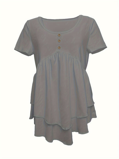 Camiseta de gola redonda de cor sólida, blusa flare com botões na frente e em camadas para primavera/verão.