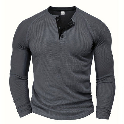 Camisa Henley Masculina Sólida, Manga Longa, Gola Redonda, Meio Botão