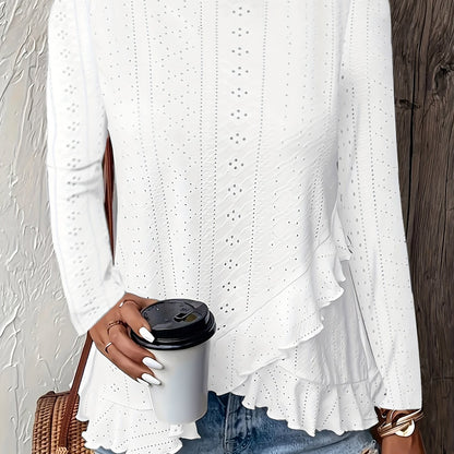 Camiseta feminina de manga comprida com babados e gola redonda, elegante e estilosa, primavera e outono, confortável e respirável, tecido jacquard de cor sólida