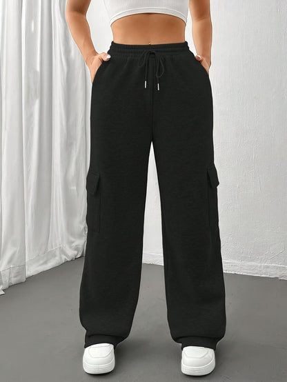 Flap Pocket Straight Leg Sweatpants - Drawstring Elastic Waist for Fall & Winter
