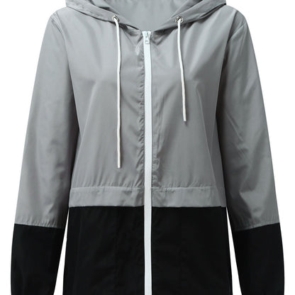 Women Packable Rain Jacket, Outdoor Color Block Hooded Windbreaker with Drawstring