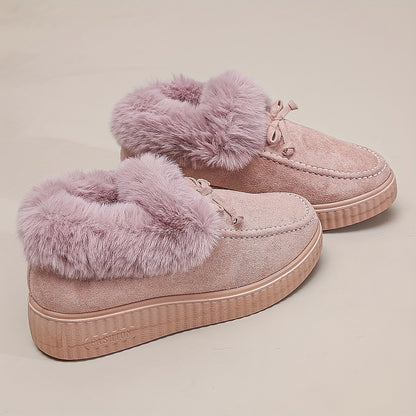 Women's Solid Color Boots, Bowknot Decor Round Toe Non-slip Soft Thick Sole Fluffy Velvet Warm Boots, Winter Comfy Shoes