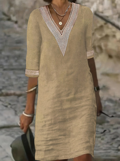Guipure Lace V-Neck Dress, Casual Short Sleeve for Spring & Summer.
