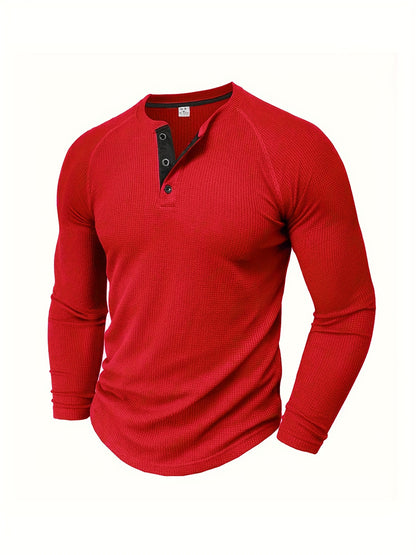 Camisa Henley Masculina Sólida, Manga Longa, Gola Redonda, Meio Botão