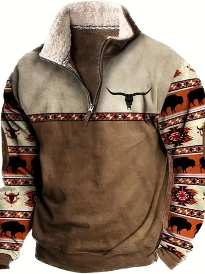 Herren-Fleece-Sweatshirt mit Vintage-Print und 1/4-Reißverschluss im Western-Azteken-Stil