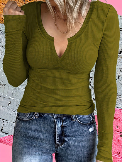Einfarbiges T-Shirt mit Kerbkragen, langärmlig, lässig, Damen-Oberteil für Herbst/Frühling.