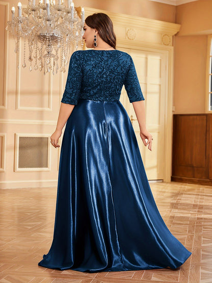 Elegante vestido azul marinho com decote em V e lantejoulas e cintura justa - Vestido de casamento e banquete de manga média e corte A, poliéster, lavável à mão