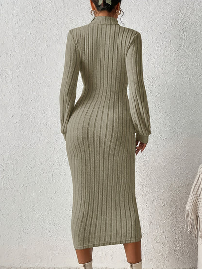 Ribbed Solid Bodycon Dress, Elegant Turtleneck Long Sleeve Dress for Women.