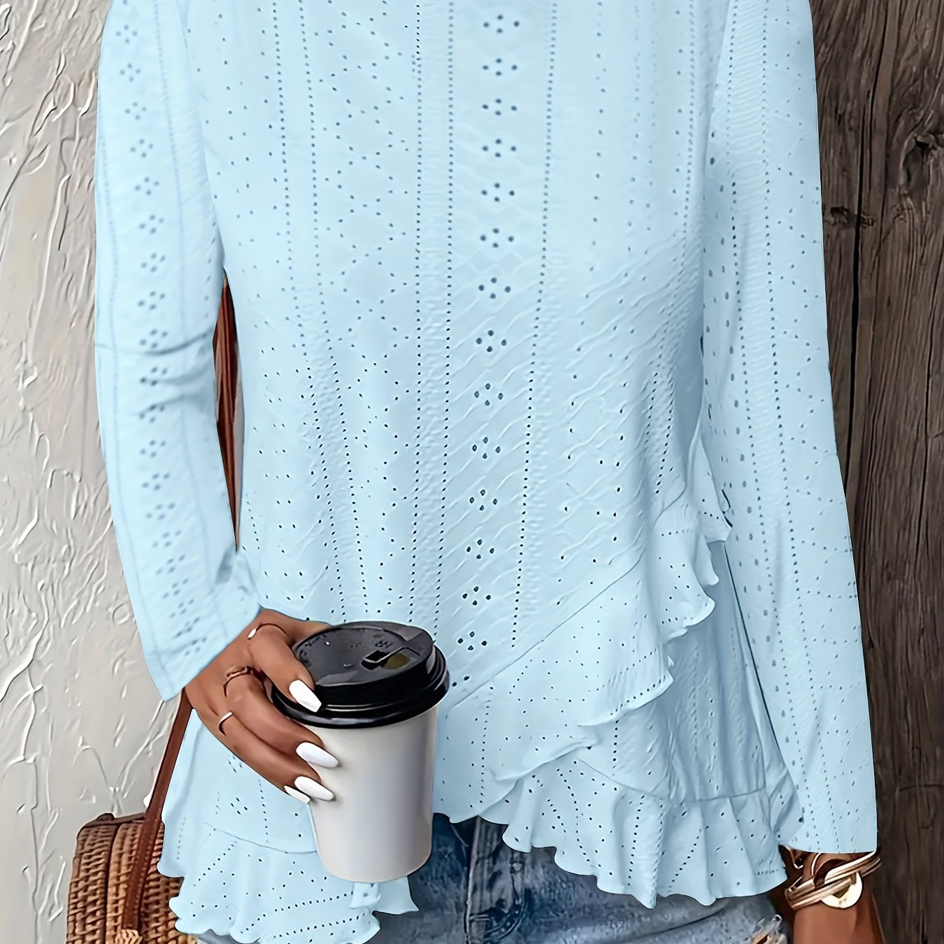 Camiseta feminina de manga comprida com babados e gola redonda, elegante e estilosa, primavera e outono, confortável e respirável, tecido jacquard de cor sólida