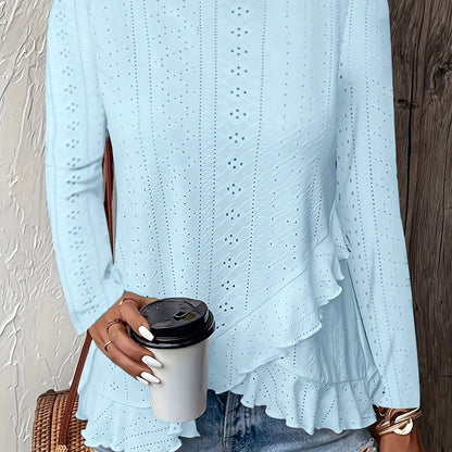 Camiseta feminina de manga comprida com babados e gola redonda, elegante e estilosa, primavera e outono, confortável e respirável, tecido jacquard de cor sólida