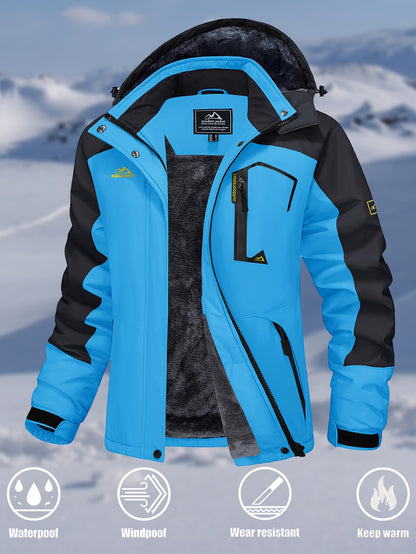 Women's Waterproof & Windproof Ski Jacket - Fleece Lined Thermal Winter Coat with Detachable Hood, Adjustable Cuff, and Zippered Pockets for Skiing, Hiking, and Outdoor Activities, Winter Outdoor Gear | Hooded Warmth Jacket | Waterproof Polyester