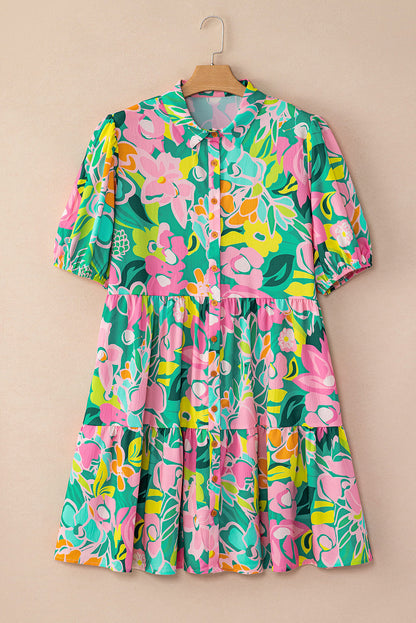 Vestido Babydoll Floral Manga Bufante