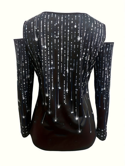 Camiseta com decote em V e acabamento em renda, blusa elegante com ombros descobertos para primavera e outono.