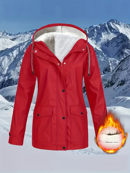 Damen-Windjacke mit Fleecefutter und Kapuze – wasserdichte, lässige Langarmjacke für Herbst/Winter