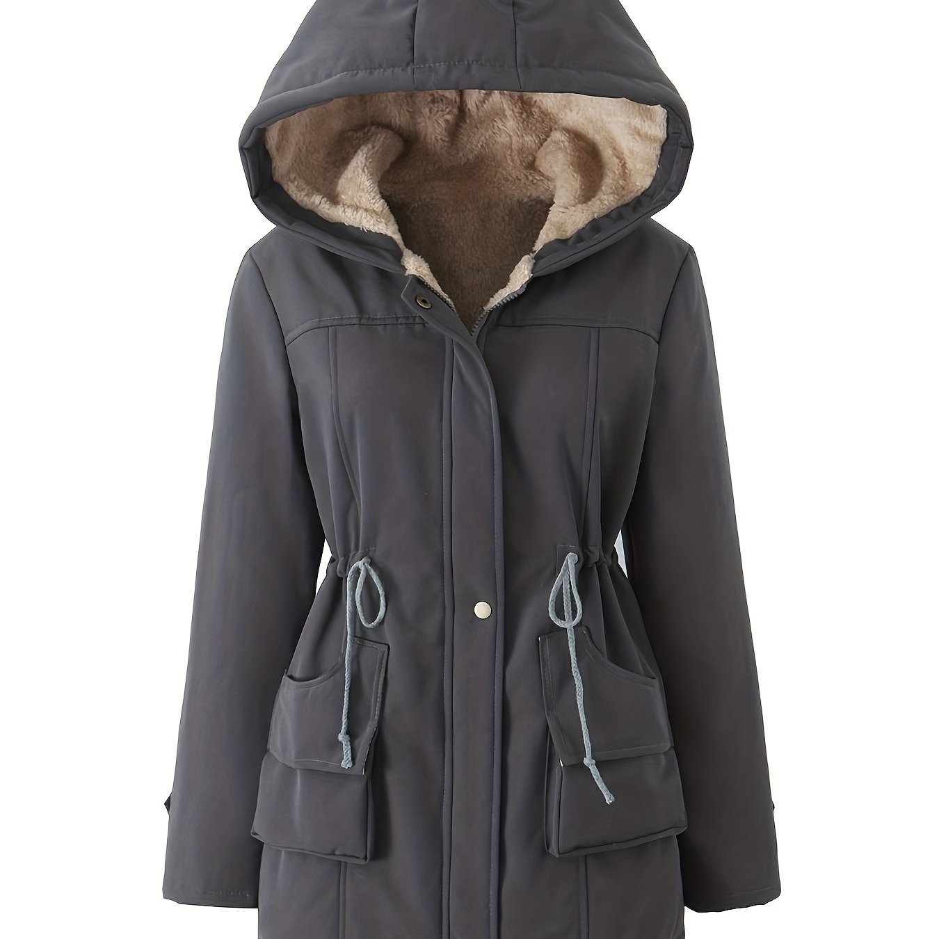Women's Hooded Midi Coat, Padded, Drawstring Detail