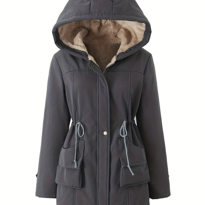 Women's Hooded Midi Coat, Padded, Drawstring Detail