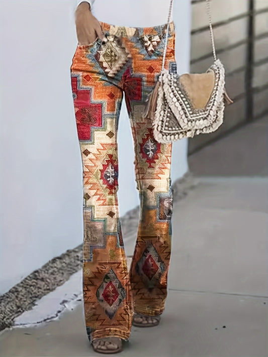Calças modeladoras geométricas xadrez] Calças modeladoras digitais geométricas xadrez patchwork estampadas - Estilo europeu e americano - Micro calças boca de sino para mulheres