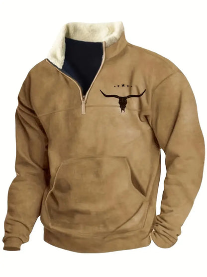 Herren-Fleece-Sweatshirt mit Vintage-Print und 1/4-Reißverschluss im Western-Azteken-Stil