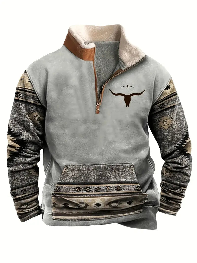 Herren-Fleece-Sweatshirt mit Vintage-Print und 1/4-Reißverschluss im Western-Azteken-Stil
