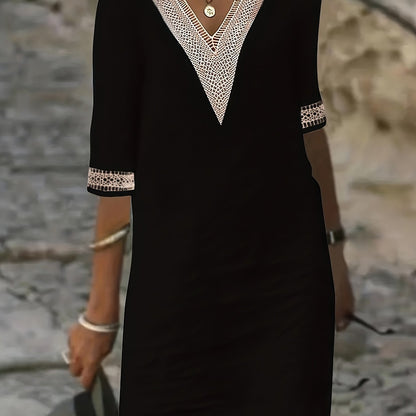 Guipure Lace V-Neck Dress, Casual Short Sleeve for Spring & Summer.