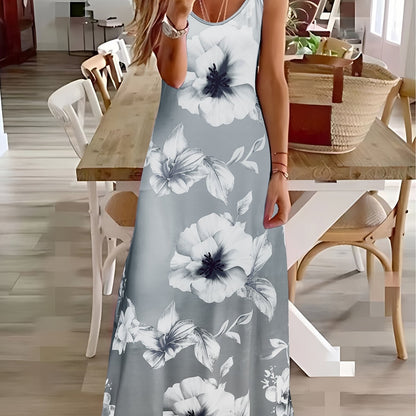 Vestido cami floral com alças finas, casual, comprimento até o tornozelo.