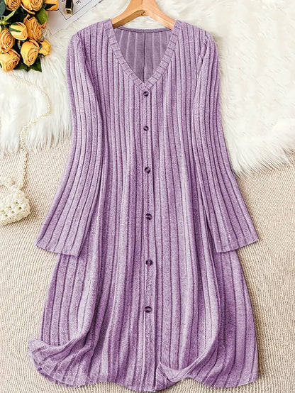 Plus Size V-Neck Ribbed Dress – Long Sleeve, Button Front, Casual Fall & Winter Wear