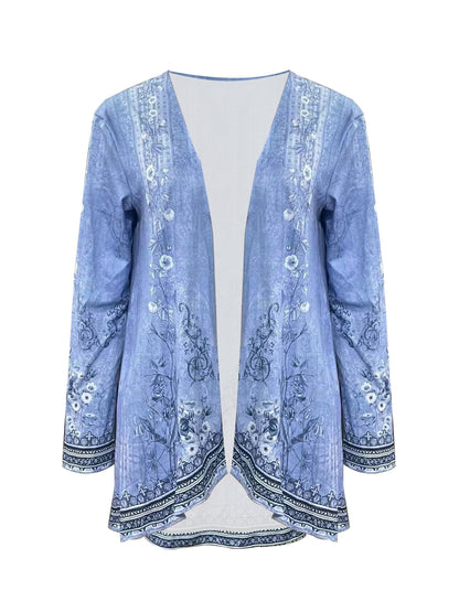 [Chic Floral Print Cardigan] Lightweight Polyester Blend Chic Floral Print Cardigan - Casual Long Sleeve Open Front Jacket, Machine Washable, Perfect for Spring & Fall
