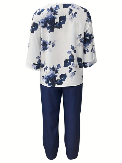 Two-piece Set, Floral Print Short Sleeve Blouse & Solid Elastic Waist Loose Pants, Elegant Women's Clothing Outfits