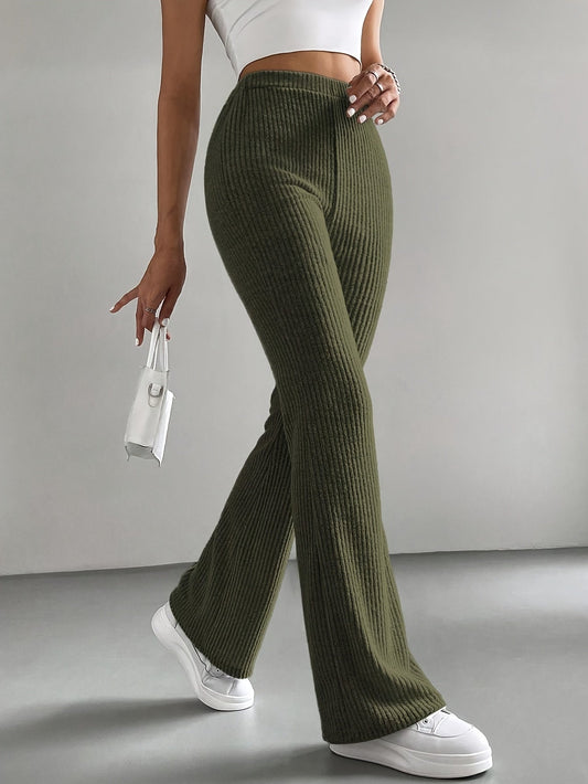 Calça Flare Ribbed de Cor Sólida - Cintura Alta para Primavera e Verão