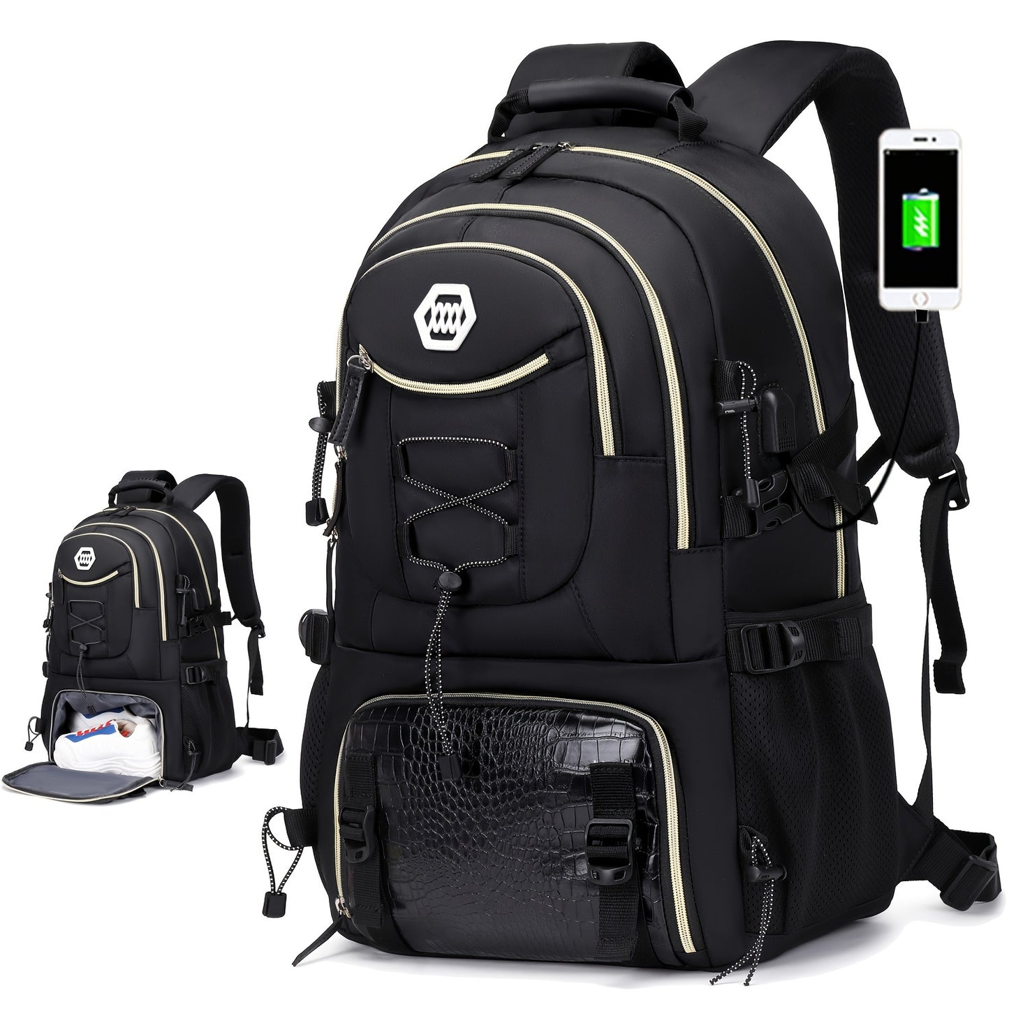Uma mochila de viagem de grande capacidade para homens, mochila de acampamento para caminhadas de 40 litros com compartimento para sapatos, mochila casual multifuncional, pode acomodar uma mochila para laptop de 17,3 polegadas.