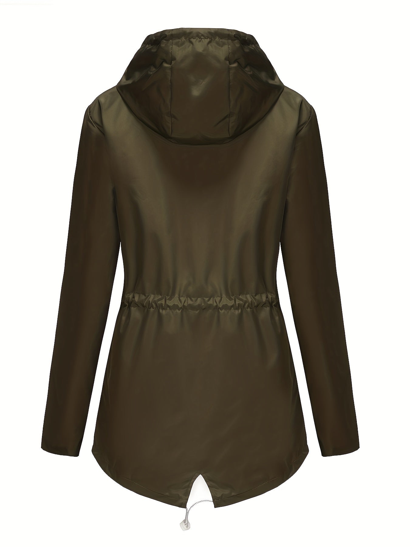 [Cozy Comfort] Women's Waterproof Long Sleeve Hooded Raincoat - Mid-Length Casual Sporty Style with Adjustable Drawstrings, Pockets, and Belt Detail - Olive Green Polyester Jacket for Outdoor Activities