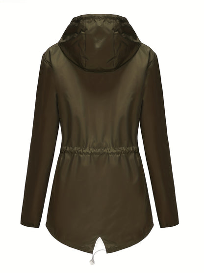 [Cozy Comfort] Women's Waterproof Long Sleeve Hooded Raincoat - Mid-Length Casual Sporty Style with Adjustable Drawstrings, Pockets, and Belt Detail - Olive Green Polyester Jacket for Outdoor Activities