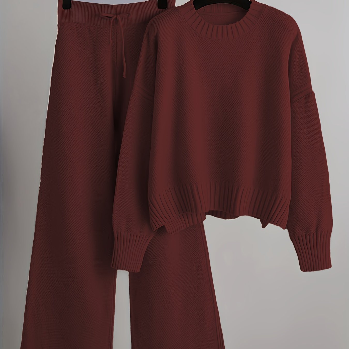 Damen-Set aus Strickpullover und Hose mit weitem Bein – lässig, langärmlig, einfarbig