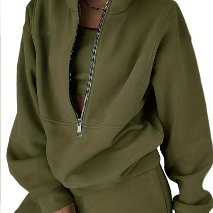 Solid Two-piece Set, Zip Front Sweatshirt & Elastic Waist Pants