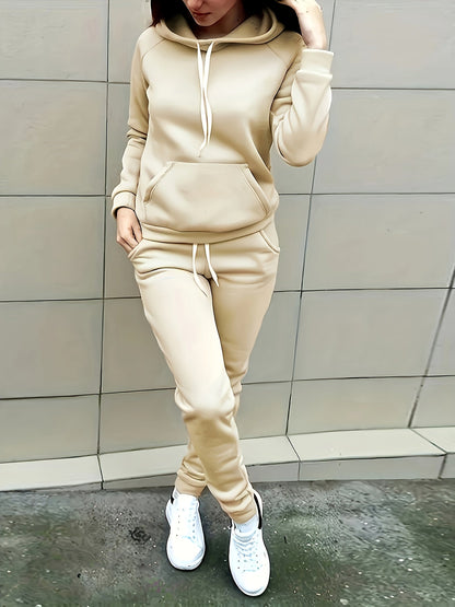 Solid Two-piece Set, Hoodie with Kangaroo Pocket & Drawstring Pants