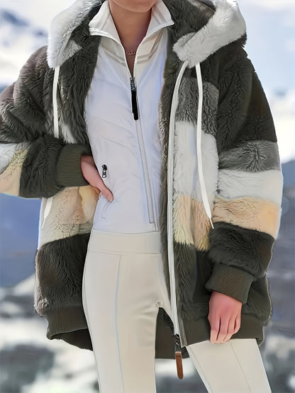 Color Block Fuzzy Hooded Coat, Casual Winter Outerwear.