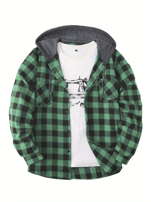 Men's Plaid Hooded Shirt Coat, Long Sleeve, Button Up, Casual Fit