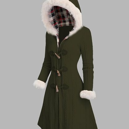 Y2K Plaid Hooded Knit Coat with Faux Fur Trim, Horn Buttons, Long & Warm