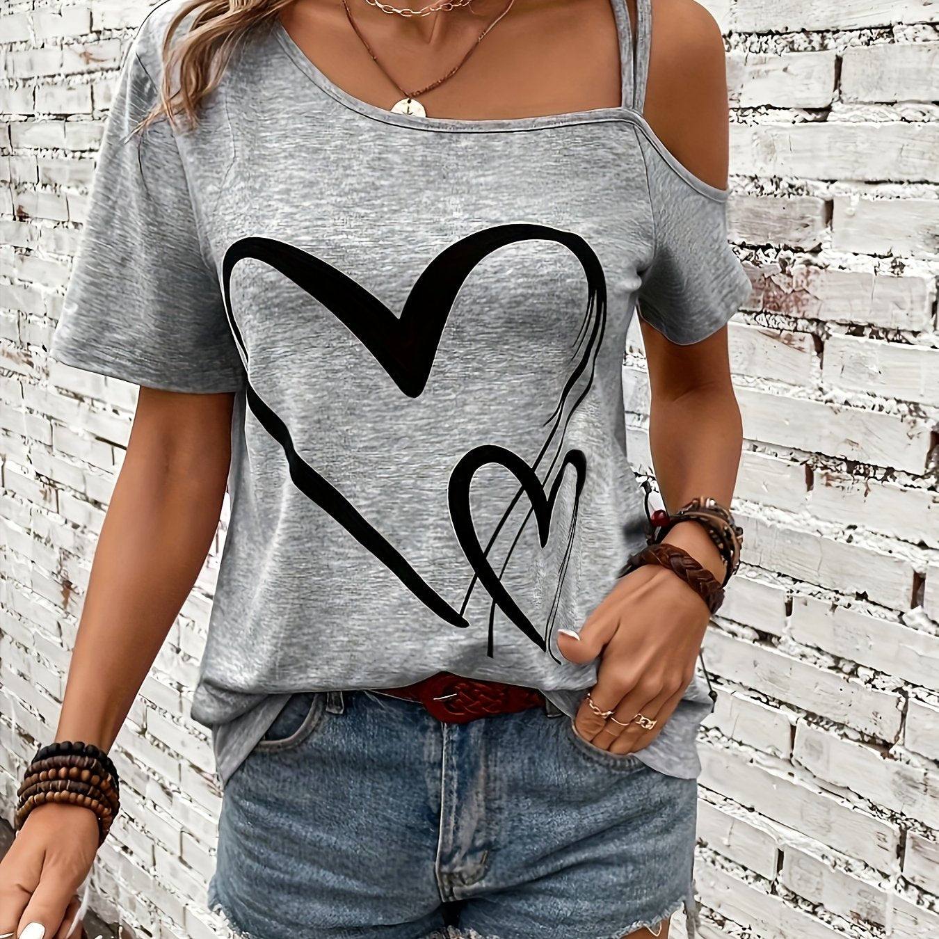 Stylish Heart Print One Shoulder Short Sleeve T-shirt - Elegant Asymmetrical Polyester Top with Micro Elasticity - Perfect for Summer, Womens Regular Length Knit Fabric Clothing