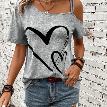Stylish Heart Print One Shoulder Short Sleeve T-shirt - Elegant Asymmetrical Polyester Top with Micro Elasticity - Perfect for Summer, Womens Regular Length Knit Fabric Clothing