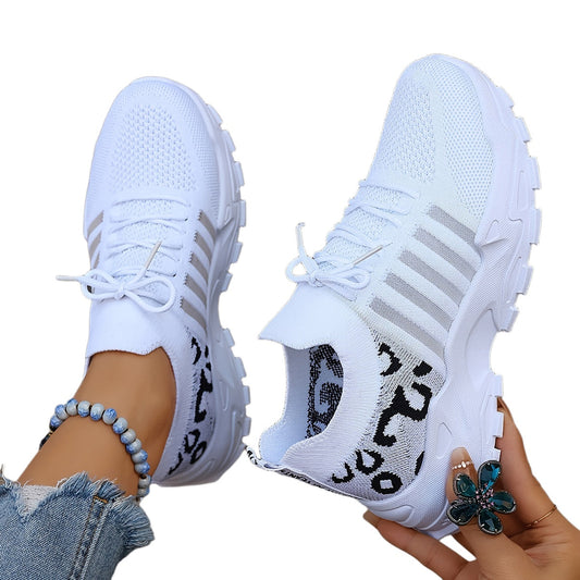 Women's Leopard Print Lace-up Running Shoes, Breathable Platform (Plus Size)