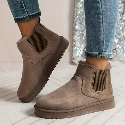 Kurze Stiefel für Damen in Volltonfarbe – Lässiger Slipper, Plüschfutter, bequeme Winterstiefel
