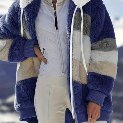 Color Block Fuzzy Hooded Coat, Casual Winter Outerwear.